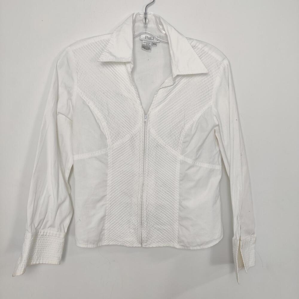 Puli White Textured Zip Front Cotton Blouse 100% Cotton Quiet Luxury
